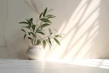 Potted Plant in a White Room with shadows and copy space using generative AI 