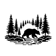 Bear Crossing a Forest Stream Logo Monochrome Design Style
