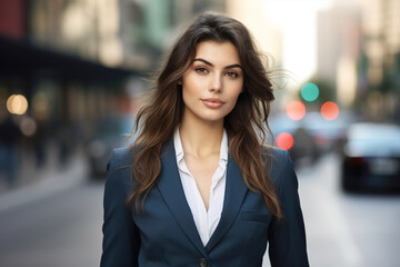 Obraz premium Radiating confidence, female businesswoman in navy suit strikes poised pose against backdrop of blurred street and buildings, epitomizing professionalism and urban sophistication. Generative AI.