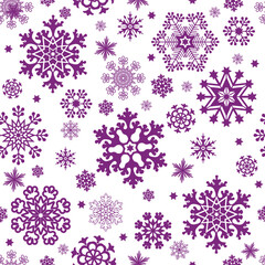 Vector hand drawn Christmas monochrome seamless pattern with purple snowflakes and stars on transparent background