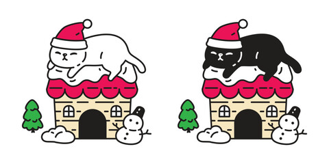 cat vector sleeping santa claus hat christmas icon kitten house hut calico neko pet cartoon character symbol tattoo illustration clip art isolated design