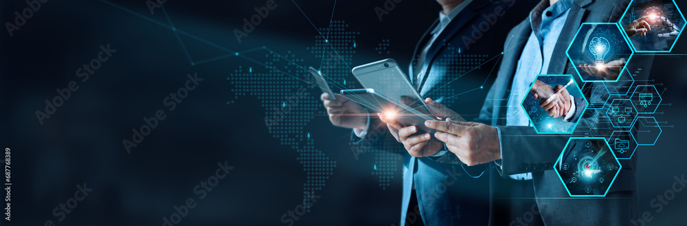 Poster digital technology, businessman use digital device on business network connection, ai, technology an