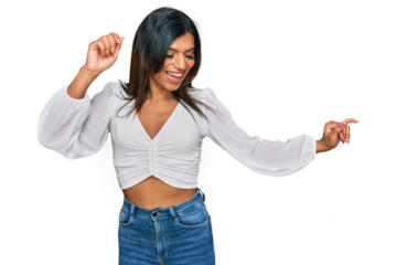 Young latin transsexual transgender woman wearing casual clothes dancing happy and cheerful, smiling moving casual and confident listening to music