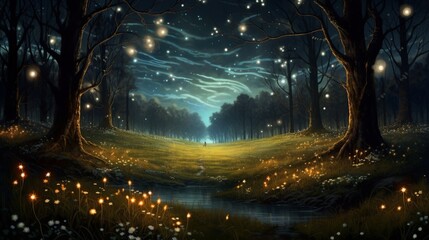 The hypnotic dance of fireflies illuminating a quiet meadow on a starry night.