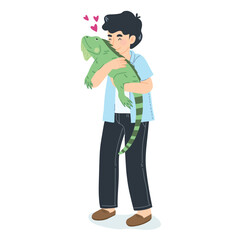 Fototapeta na wymiar Man loving big exotic pet iguana, person happy and excite holding large green lizard, friendship and bone between man and reptile in Affectionate Interaction. Vector illustration on white background.