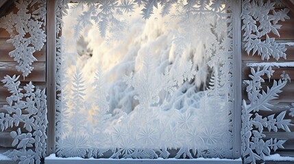 The intricate patterns formed by frost on the window of an old, abandoned cottage.