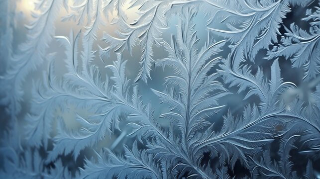 The intricate patterns of frost on a window pane during the calm of a winter evening.