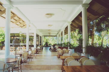Resort hotel in the Dominical Republic, Punta Cana, with white round pillars