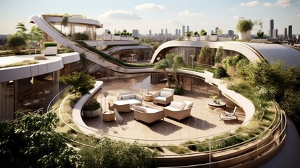An urban rooftop garden with a mix of futuristic and traditional architecture.