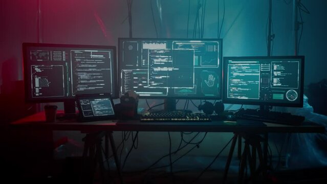 Multiple screens of computers with information in dark room