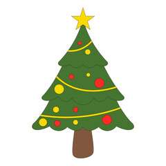 Christmas tree illustration. christmas tree silhouette with decorations, vector illustration isolated on white background, template for design, greeting card, invitation.