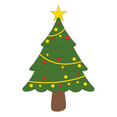 Christmas tree illustration. christmas tree silhouette with decorations, vector illustration isolated on white background, template for design, greeting card, invitation.