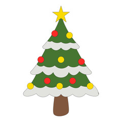 Christmas tree illustration. christmas tree silhouette with decorations, vector illustration isolated on white background, template for design, greeting card, invitation.