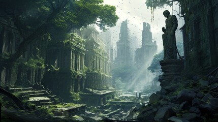 An ancient, overgrown cityscape with moss-covered buildings and crumbling statues.