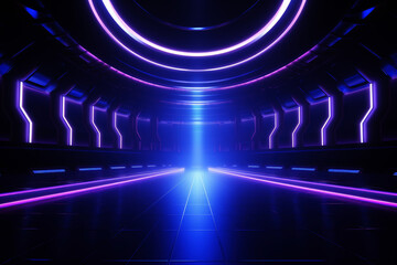 futuristic spaceship in dark corridor with neon lights. Generative AI