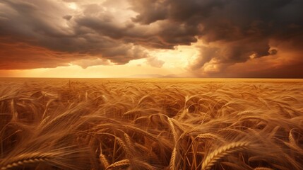 An expansive field of golden wheat swaying in the breeze under a vast, cloud-strewn sky.