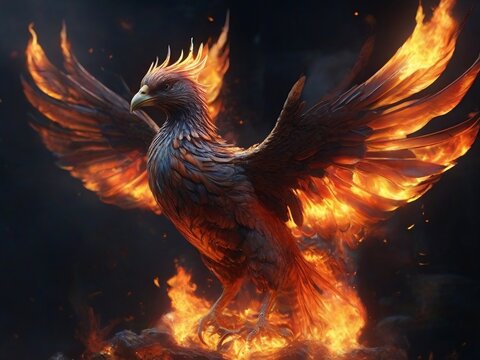 Majestic phoenix with fiery aura &ndash; a perfect mythical image. Captivate with the beauty of this legendary bird emitting flames. A perfect phoenix bird on fire.