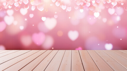 Naklejka na ściany i meble Valentines day background with heart bokeh and wooden table