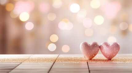Valentines day background with heart bokeh and wooden table