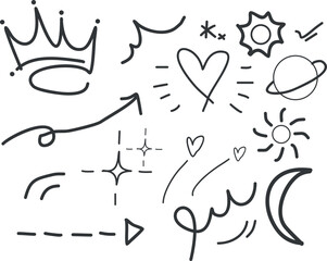 doodle set, doodle cartoon effect, love, crown, arrow, circle and curve vector. Hand drawn design elements isolated on white background for infographics. vector illustration.