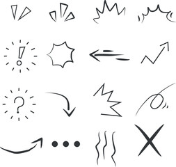 doodle set, doodle cartoon effect, arrows, circle and curve vector. Hand drawn design elements isolated on white background for infographics. vector illustration.