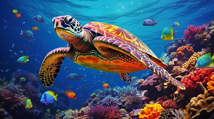 Fototapeta na wymiar turtle swimming in aquarium