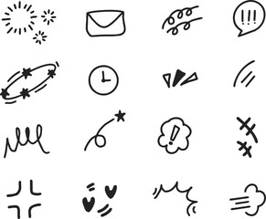 Vector set of doodle hand drawn cartoon expression signs, curve direction arrows, emoticon effect design elements, cartoon character emotion symbols, cute decorative brush strokes lines.