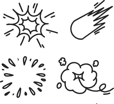 Vector set of doodle hand drawn cartoon expression signs, explosion, emoticon effect design elements, cloud, cute decorative brush stroke line.