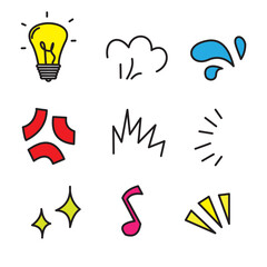 Obraz premium Vector set of doodle hand drawn cartoon expression signs, idea lights, emoticon effect design elements, cartoon character emotion symbols, cute decorative brush strokes lines.