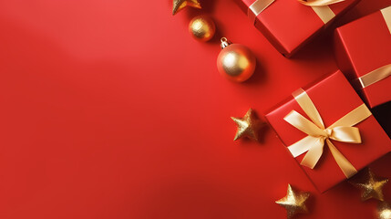 Christmas presents wrapped red paper. New Year flat lay top view background