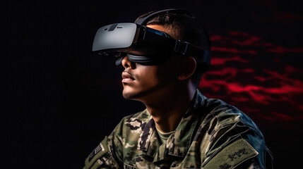 Soldier in virtual reality glasses. Military concept of the future