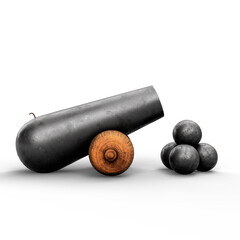 Ancient Vintage Medieval Cannon with Cannon Ball. 3D Illustration. File with Clipping Path.