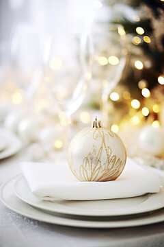 Christmas dinner table setting. Christmas day meal with white and gold colours