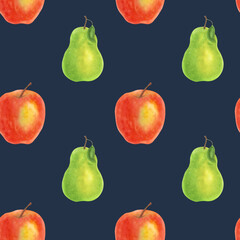 Seamless pattern with red apples and green pears. Harvest elements for holiday Thanksgiving, Kwanzaa. Autumn clip art. Hand drawn watercolor illustration dark background