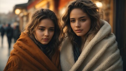 Two young women friends, wrapped in a warm blanket, - obrazy, fototapety, plakaty