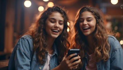Two young girls friends watch a video on a smartphone and laugh and have fun. - obrazy, fototapety, plakaty