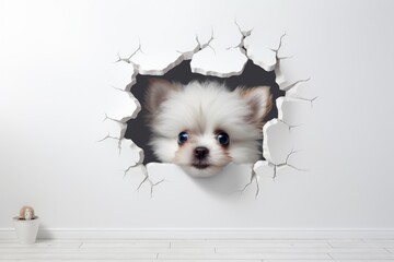 Cute Puppy peeking out of a hole in wall for mockup. Generative AI