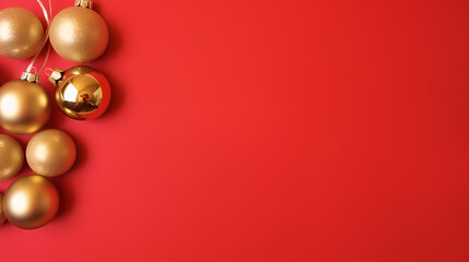 Christmas toys. golden balls. New Year flat lay top view minimal red background. Template mockup greeting card
