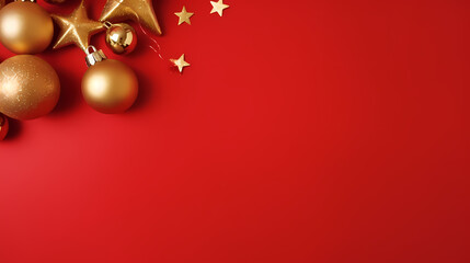 Christmas toys. golden balls. New Year flat lay top view minimal red background. Template mockup greeting card