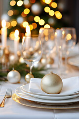 Christmas dinner table setting. Christmas day meal with white and gold colours