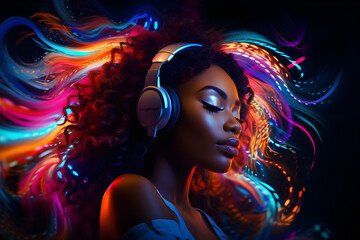 Young African woman listening to music with headphones on colourful abstract background. - obrazy, fototapety, plakaty