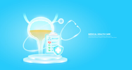 Medical health care. Stethoscope surrounded the bladder and symbol cross in shield glass. Check mark, red heart pulse in document form board floating on podium. Health insurance concept. Vector.