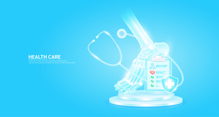 Stethoscope surrounded the ankle joint and symbol cross in shield glass. Check mark, red heart pulse in document form board floating on podium. Medical health care. Health insurance concept. Vector.