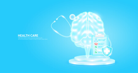 Stethoscope surrounded the brain and symbol cross in shield glass. Check mark, red heart pulse in document form board floating on podium. Medical health care. Health insurance concept. Vector EPS10.