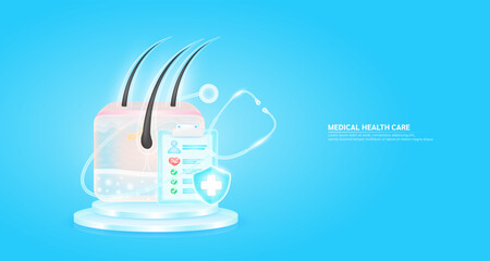 Medical health care. Stethoscope surrounded the Hair skin and symbol cross in shield glass. Check mark, red heart pulse in document form board floating on podium. Health insurance concept. Vector.