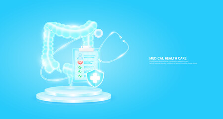 Medical health care. Stethoscope surrounds the intestines and symbol cross in shield glass. Check mark, red heart pulse in document form board floating on podium. Health insurance concept. Vector.