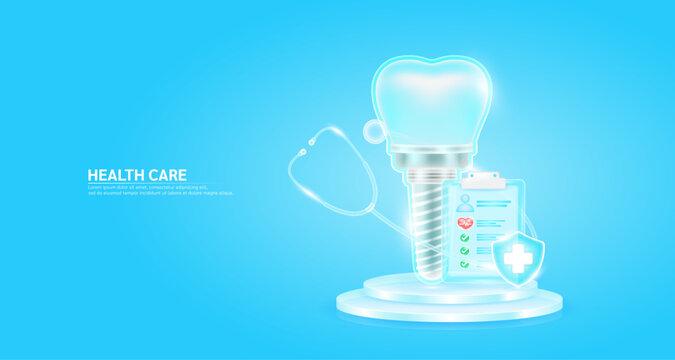 Stethoscope surrounded the dental implant and symbol cross in shield glass. Check mark, heart pulse in document form board floating on podium. Medical health care. Health insurance concept. Vector.