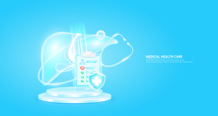 Medical health care. Stethoscope surrounded the liver and symbol cross in shield glass. Check mark, red heart pulse in document form board floating on podium. Health insurance concept. Vector.