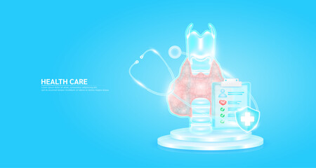 Stethoscope surrounded the thyroid and symbol cross in shield glass. Check mark, red heart pulse in document form board floating on podium. Medical health care. Health insurance concept. Vector EPS10.