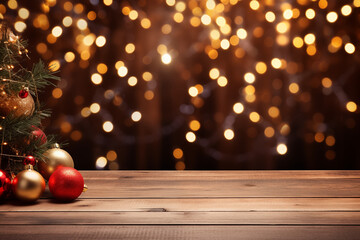 Empty wooden table with christmas theme background
